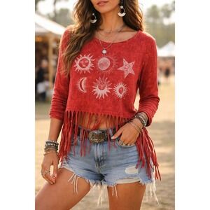 Vintage Freshwear Celestial Fringe Top XL Red Boho Festival Sun Moon Grunge USA